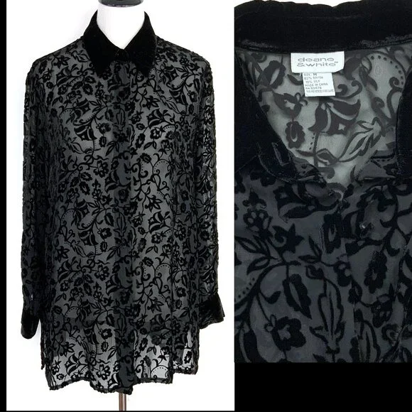 Vintage Y2K Black Sheere Burnout Velvet Blouse from Deane & White Sz M - Picture 1 of 16